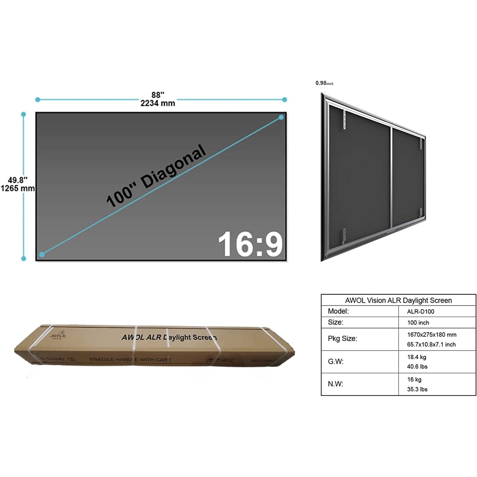 Awol Vision 100'' Daylight UST ALR Screen ALR D-100